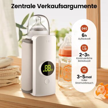 Портативний підігрівач для пляшечок Baby, білий, з LCD-дисплеєм, акумулятор 6000mAh, 48 годин термоізоляції