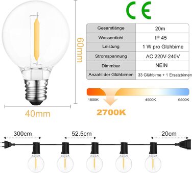 LED гірлянда на батарейках для вулиці, 10 метрів, 17+1 тепле світло G40, вологостійка IP45, для саду, балкону, тераси