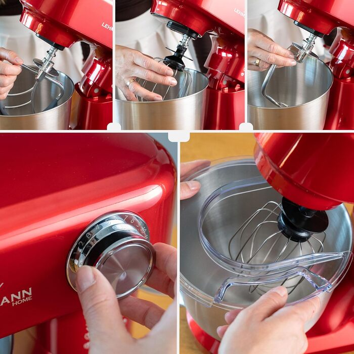 Кухонна машина Lehmann - планетарний міксер з набором аксесуарів - 3 насадки, кришка-розбризкувач, чаша 5л, 12 швидкостей, захист від перегріву, неслизька, червона