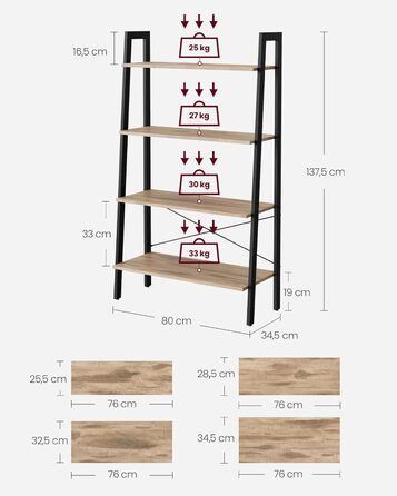 Полиця VASAGLE, 4 яруси, полиця для сходів, промисловий дизайн, сталевий каркас, горіх коричнево-чорний, 56x34x137.5 см