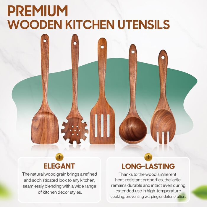 Набір кухонних аксесуарів з текового дерева (10 шт) з підставкою: лопатка, половник, шумовка, ложка для салатів, виделка для салатів