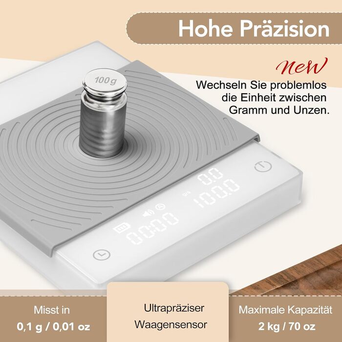 Ваги для кави TIMEMORE з таймером, контролем протікання, точність 0.1г, автоматичний таймер, ємність 2000г, чорний колір