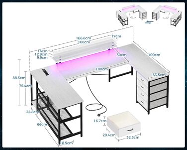 Кутовий стіл ODK з 4 шухлядами, місцем для зберігання, 2 розетками та 2 USB-портами для зарядки, з підсвічуванням LED та підставкою для монітора, 167×102 см, білий