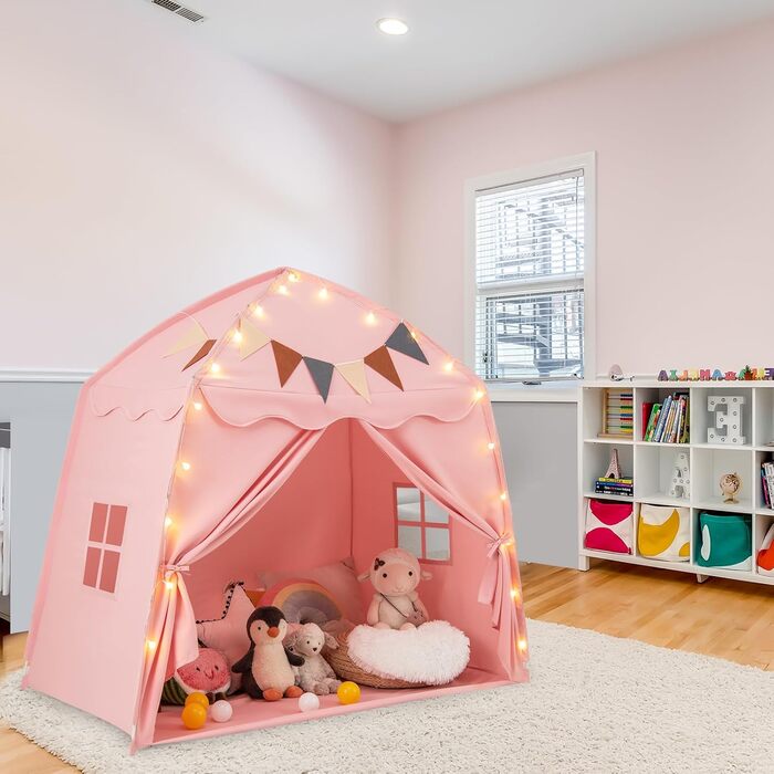 Дитяче намет-будиночок HOMASIS для гри в приміщенні, рожевий: зі світлячками, килимком, вікнами та фіранками
