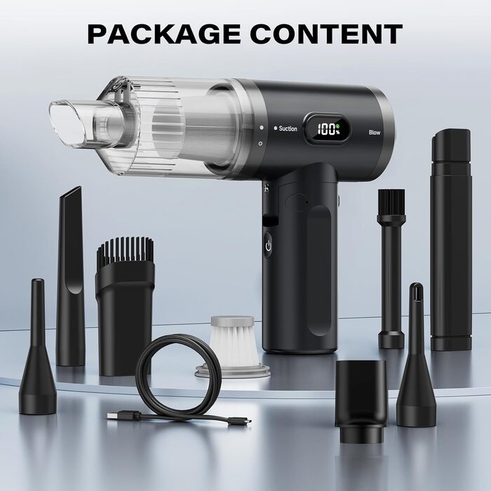 Аккумуляторний автомобільний пилосос APPS2Car 15000Па, бездротовий ручний пилосос з цифровим дисплеєм, складаний дизайн та 2 HEPA-фільтрами для авто, дому та кухні