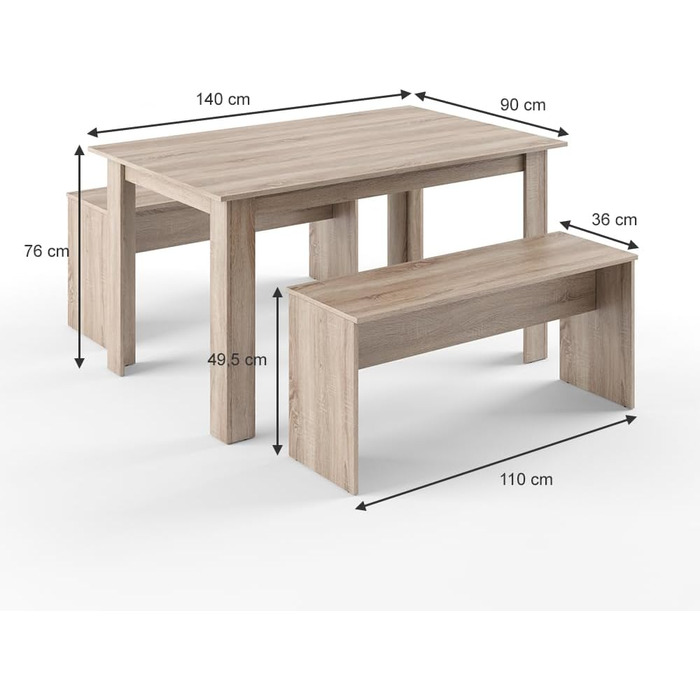 Набір обідніх столів Vicco Sentio, Дуб, 90x140 см, з 2 лавками (Sonoma)