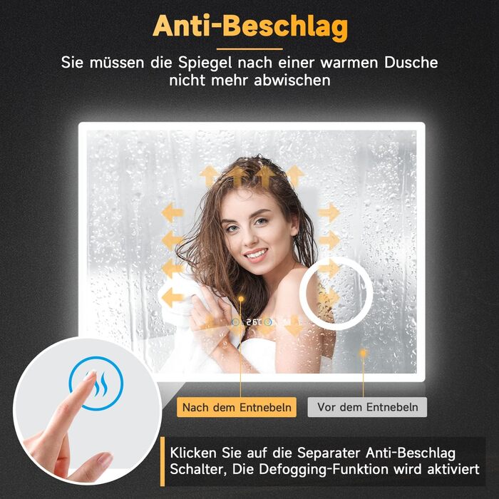 Дзеркало для ванної кімнати SONNI з підсвічуванням 80x60 см, 3 кольори світла, проти запотівання, LED, сенсорне керування, годинник, температура, 3-кратне збільшення