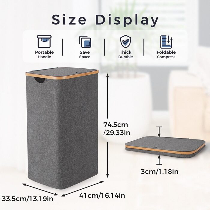 Кошик для білизни Rieeyrslza з кришкою, 158 л, бамбук, 2 мішки, Oxford, складний, сортувальник, для ковдр та одягу (сірий)