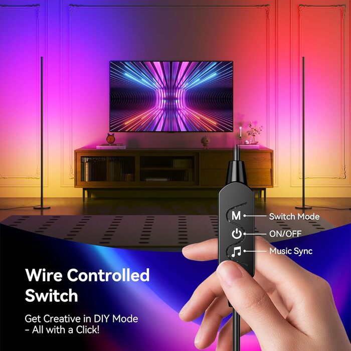 LED торшер кутовий RGB 60 см для вітальні, димується, з пультом та додатком, музичні режими, DIY, таймер - для спальні, геймінгу