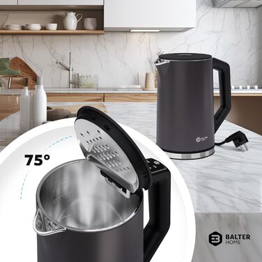 Електричний чайник BALTER з регулюванням температури, 1.5L, 2200W, білий (сірий), без BPA, подвійні стінки, бездротовий
