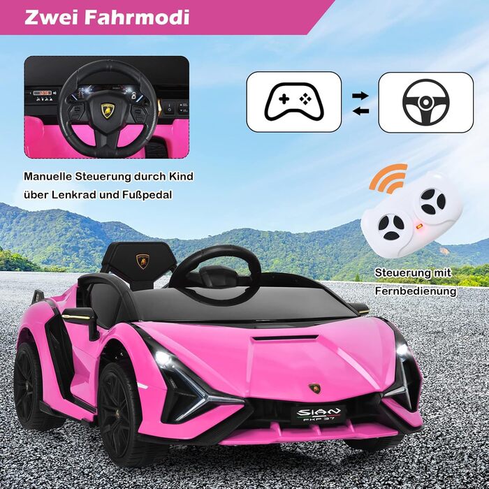 Дитячий електромобіль Lamborghini GOPLUS з пультом керування, Bluetooth, USB, музикою та сигналом, швидкість 3-5 км/год, для дітей 3-8 років, білий/рожевий