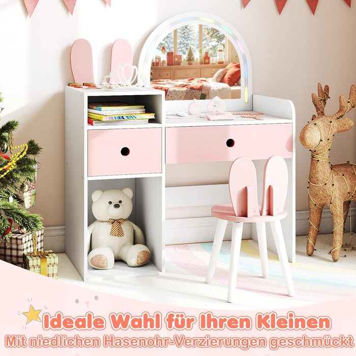 Дитячий туалетний столик COSTWAY з підсвічуванням та табуретом, білий, з 2 шухлядами та аксесуарами для дівчаток від 3 років