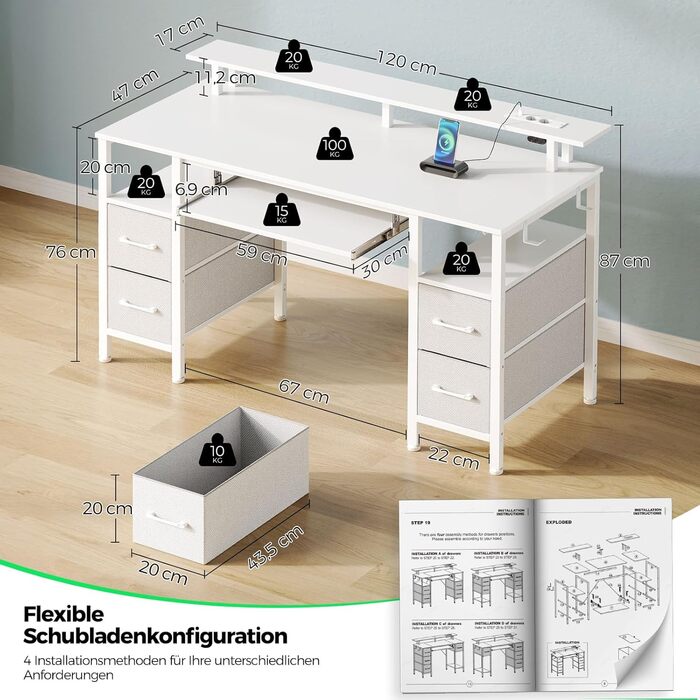 Стіл Rolanstar з шухлядами, 120x47 см, ігровий стіл з розеткою, LED-підсвітка та підставка для монітора, стіл для комп'ютера з підставкою для клавіатури, білий