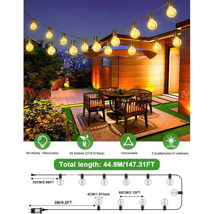 LED гірлянда для вулиці з таймером, 30+1 лампочки G40, регулювання яскравості, IP44, 44.9м, для декору саду, балкону, дому