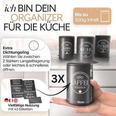 Набір контейнерів для зберігання кави, цукру та борошна IDEALTASTIC® Premium, 3 шт по 500г, повітряно-водонепроникні, чорний