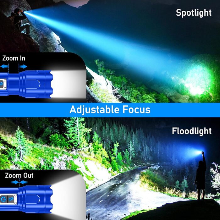Ліхтар Blukar LED з двома кольоровими температурами, бічним COB-світлом, регулюванням яскравості та зумом, акумуляторний, водонепроникний, 7 режимів, синій