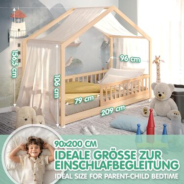 CADANI Мальте - ліжко-будиночок для дітей 120x200 см, біле, Montessori з бортиками, трансформується, з ламелями, до 200 кг, білий (90 x 200 см, натуральний)