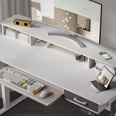 Регульований за висотою стіл WALKINGDESK з електроприводом, 160x60 см. Стіл для дому та офісу з висувними ящиками та підставкою для клавіатури, білий