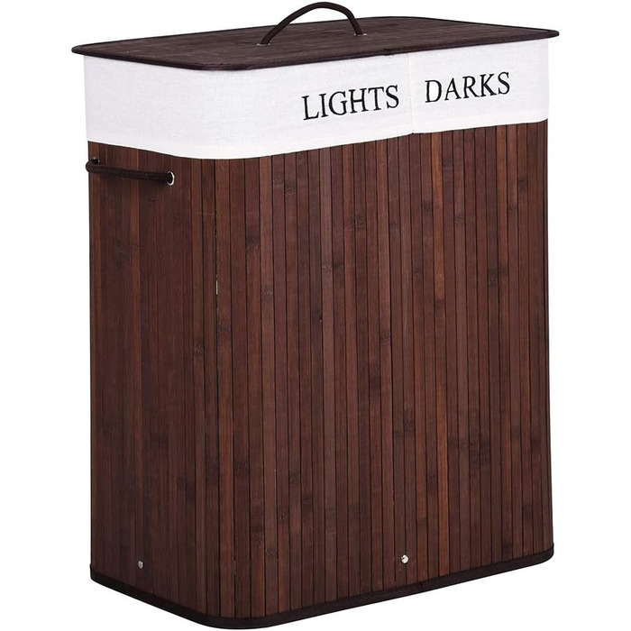 Кошик для білизни Bakaji з двома відділеннями для сортування світлого та темного одягу, бамбук та тканина, складний, з кришкою та ручками