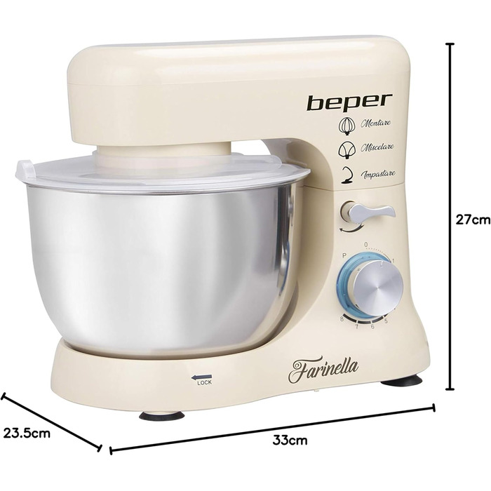 Міксер планетарний BEPER BP.200, 1000 Вт, 4.5 л, нержавіюча сталь, для замішування, подрібнення, приготування тіста, кремового кольору