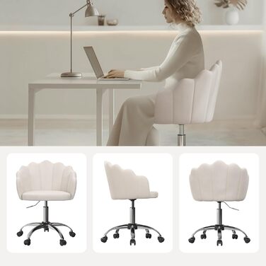 Крісло WOLTU для офісу та дому, крісло до туалетного столика з м'якою спинкою у вигляді пелюсток, поворотне з роликами, регульоване по висоті, для робочого кабінету, спальні, оксамит, бежевий