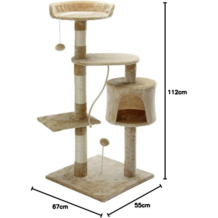 Кігтеточка CADOCA 112 см, 3 платформи, Котяча печера, ігрові м'ячі, мотузка, стовбур для дряпання (бежевий)