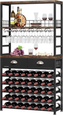 Стійка шафа для вина Homeiju, 4-ярусна, з полицями для лікеру та келихів, з підставкою для склянок, ящиком та місцем для вина, для вітальні/кухні (ретро-чорний/коричневий)