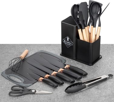 Набір кухонних ножів EliteHoff 19 предметів: 5 ножів, 12 аксесуарів, дошка та підставка. Силіконові кухонні аксесуари з дерев'яними ручками, безпечні для харчових продуктів, придатні для миття в посудомийній машині, чорного кольору (E-6069)