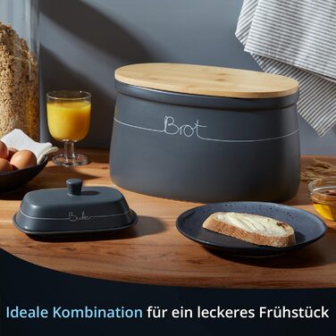 Набір контейнерів для картоплі, цибулі та часнику KHG, 3 шт., кераміка, бамбукові кришки, сірий антрацит, об'єм 3 л та 1,5 л (хлібниця та маслоблок)