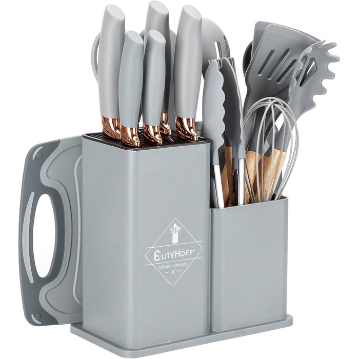 Набір кухонних ножів EliteHoff 19 предметів – набір кухонних аксесуарів з силікону з дерев'яними ручками, 5 ножів, 12 аксесуарів, дошка для нарізання та підставка – безпечний для харчових продуктів, придатний для миття в посудомийній машині, чорний (E-607