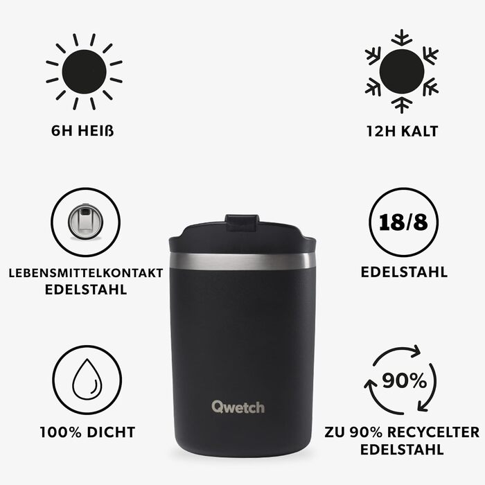 Термокружка QWETCH 240 мл, нержавіюча сталь, чорна - для кави та чаю, зберігає тепло 6 год, холод 12 год, BPA-free, без витоку, багаторазова