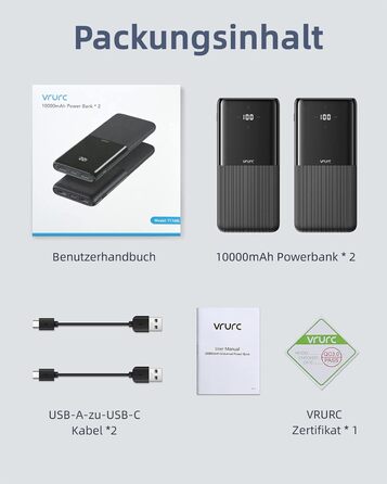 Комплект з 2 шт. , USB C, 2 порти USB, 2.4A, для смартфонів, iPhone, Samsung, чорний, 10000mAh