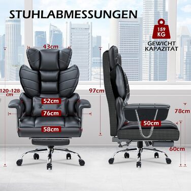 Офісний крісло Naspaluro з підніжкою, ергономічне, для дому та офісу, з підтримкою попереку, PU-шкіра, сірий (чорний 2), 77x66x134 см