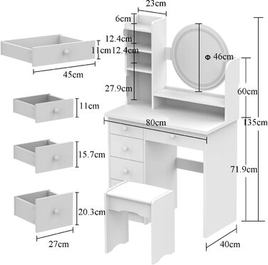 Туалетний столик зі світлодіодом, 5 ящиків, дзеркало, табурет, білий, 80x40x135 см (0004)