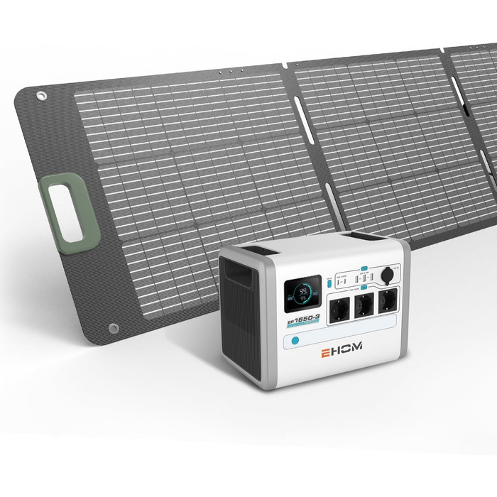EHOM Портативна електростанція EP1650, 1024Wh, сонячний генератор LiFePO4, 3 * 1650W (пікове 2700W), 2 * 100W USB-C, 400W сонячна зарядка, тиха, резервне живлення для дому, подорожей, кемпінгу та саду (Ep1650+es200)