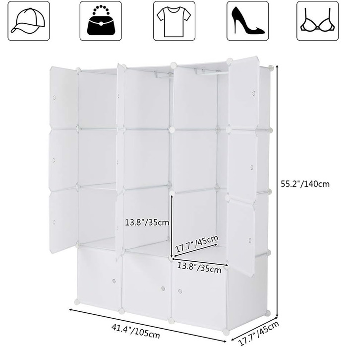 Шафа для одягу TactFire, 12 кубиків, 105x45x140см, біла