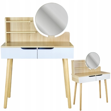 Туалетний столик Jumi, світлий дуб, з дзеркалом та 2 шухлядами, матовий, 80x122x40 см