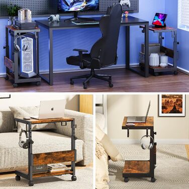 Регульована підставка для комп'ютера Tower з 2-ярусним корпусом ATX, підлоговий стійк, стійка для 3D-принтера з полицями, фіксуючі колеса, сумісна з більшістю комп'ютерів (темно-коричневий, W44 x D30 x H44-59.5cm)