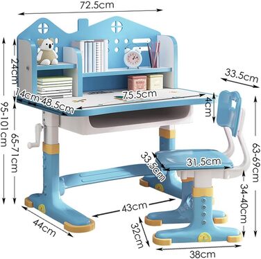 Дитячий письмовий стіл і набір стільців з регулюванням висоти з ящиком, книжкова шафа (Rocket Blue)