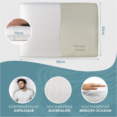 Ортопедична подушка з піною з пам'яті, ергономічна, проти болю в шиї, для всіх типів сну (на спині, животі та на боці), біла, 10 см, 2 шт.