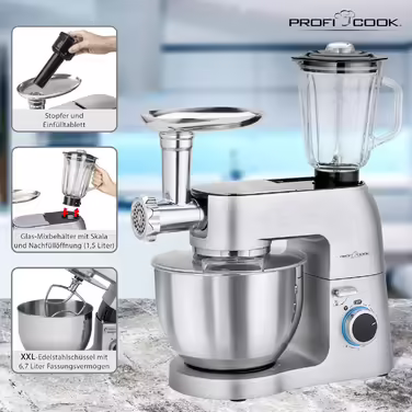 Кухонний комбайн і м'ясорубка ProfiCook PC-KM 1151, 1300 Вт, чаша з нержавіючої сталі 6.5 л, аксесуари