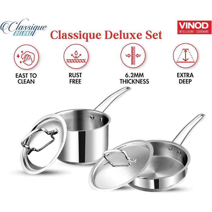 Набір кухонного посуду Vinod Classique Deluxe з нержавіючої сталі, 7 предметів: казан, сковорода, каструля з ручкою, соусник, кухонні аксесуари, індукційне дно, 2 роки гарантії