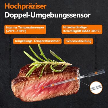 Бездротовий термометр для м'яса AIRMSEN з LCD-дисплеєм, водонепроникний (IPX8), для приготування на грилі, в духовці та BBQ, Bluetooth, 150м, керування через додаток, керамічна ручка, для гриля, духовки та BBQ, колір: дерево