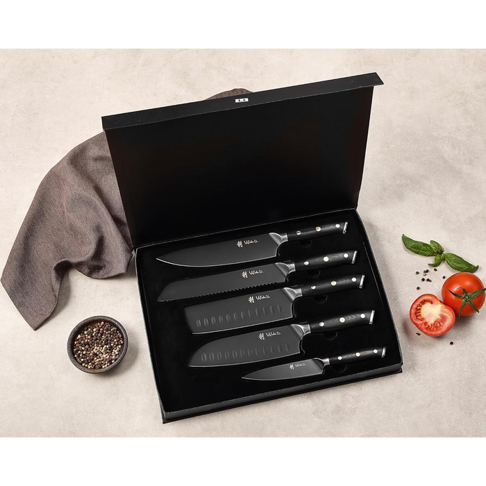 Набір кухонних ножів Wakoli Titanium Noir (5 предметів) з бруском - професійний набір кухонних ножів з титанового покриття, нержавіюча сталь, чорний колір, магнітний бруск
