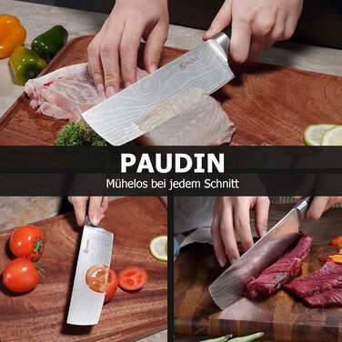 Набір кухонних ножів Paudin 14 предметів з нержавіючої сталі 1.4116 з дерев'яним блоком, точилка та ножиці, антикорозійний, надзвичайно гострий, для дому та професійного використання, FDA, ідеальний подарунок (ніж Нарікі 17 см)