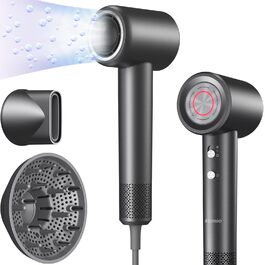 Професійний фен для волосся 1600W з безщітковим двигуном 110,000 об/хв, 200 млн іонів та дифузором, компактний дорожній фен, сірий