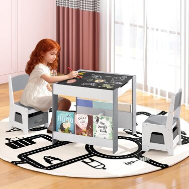 Дитячий стіл COSTWAY з 2 стільцями: дерев'яний набір 4-в-1 з полицями та ящиками для зберігання (від 3 років)