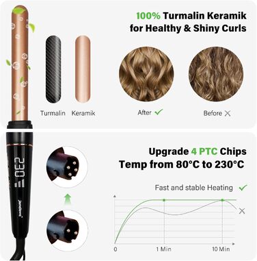 Набір для завивки волосся 5 в 1 Janelove - керамічний локонстаб 10-32 мм з різними насадками, регульована температура, рукавички та нейлонова сумка (Рожеве золото)