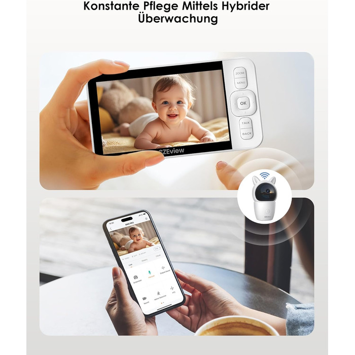 Відеоняня з камерою 2K HD Wi-Fi Babyphone з додатком, 360° огляд, 4x Zoom, нічний режим, датчик руху/плачу/звуку, термометр, чорний - 1 камера