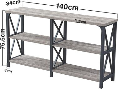 Консольний стіл Mudmasa дерево, 3 яруси, металевий каркас, 140x34x75.5 см, сірий, ідеально підходить для передпокою/вітальні